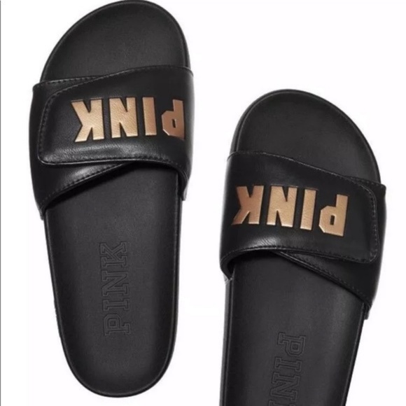 PINK Victoria's Secret Shoes - Victoria Secret (Black&Gold) slides PINK Victoria's Secret Shoes - Victoria Secret (Black&Gold) slides